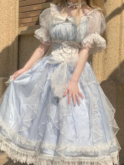 Sweet A line Blue Lace Tulle Short Sleeves 16th Birthday Dress Lolita Dresses Summer Birthday Outfits W1138