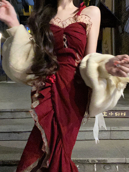 Vintage Mermaid Spaghetti Straps Burgundy Long 18th Birthday Dress Lolita Summer Dress Birthday Outfits W1121