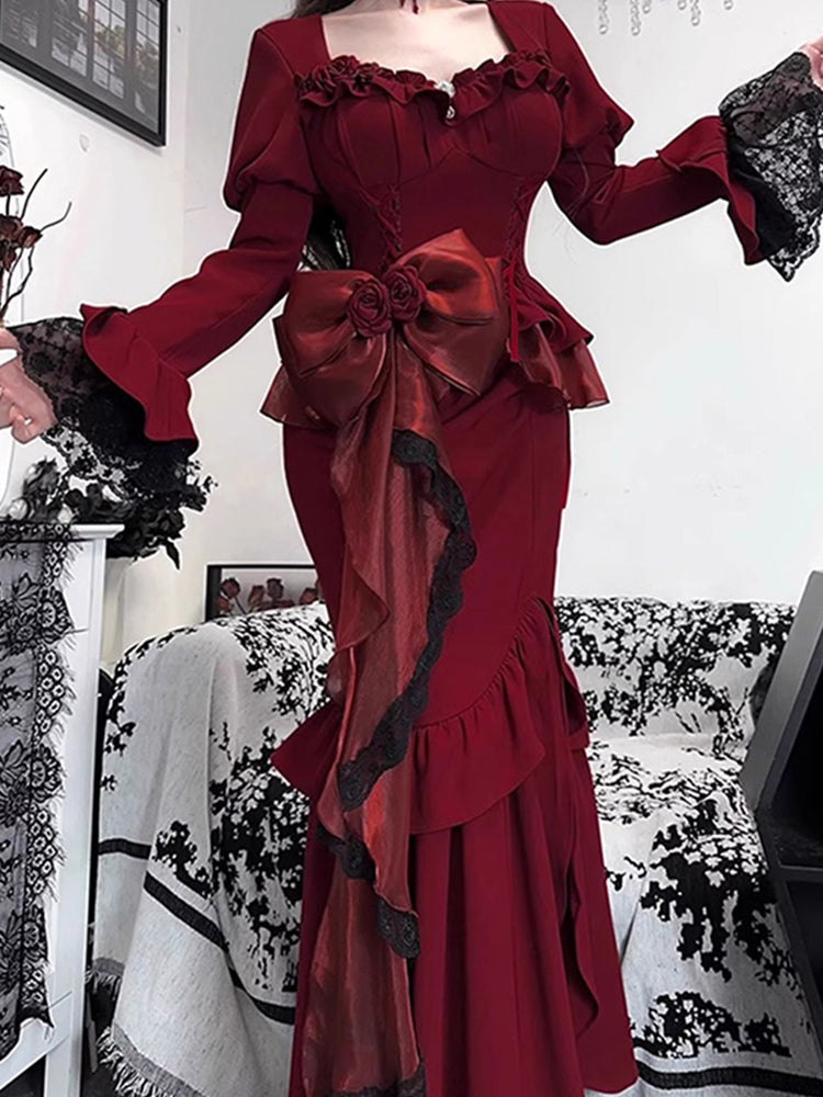 Vintage Mermaid Sweetheart Long Sleeves Burgundy Black Lace Summer 18th Birthday Dress Lolita Dress Birthday Outfits W1133