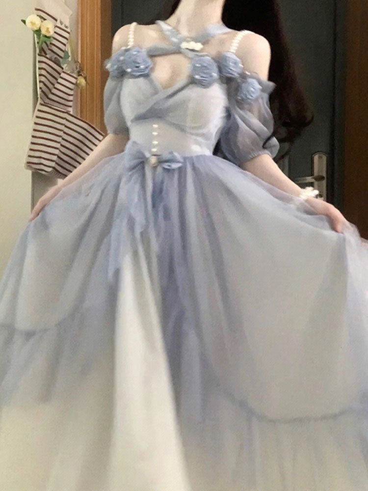 Sweet A line Sweetheart Blue Chiffon Floral Long 16th Birthday Dress Lolita Dress Birthday Outfits W1128