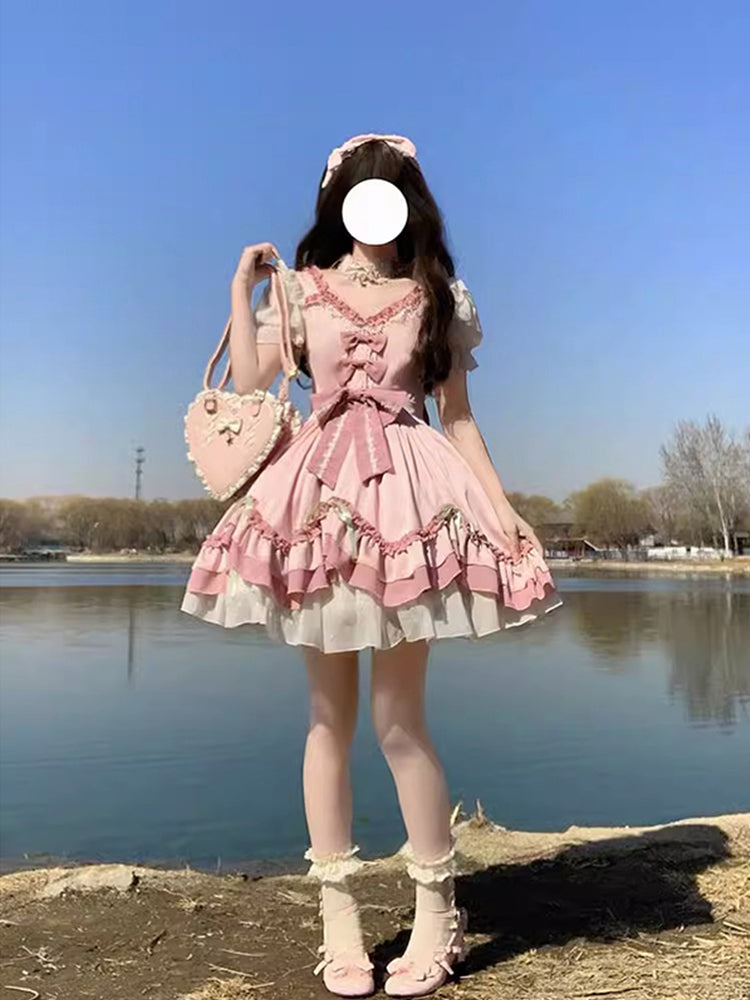 Sweet Ball Gown Lolita Outfits Short Sleeves Pink 16th Birthday Dress Lolita Summer Dress Birthday Outfits W1125