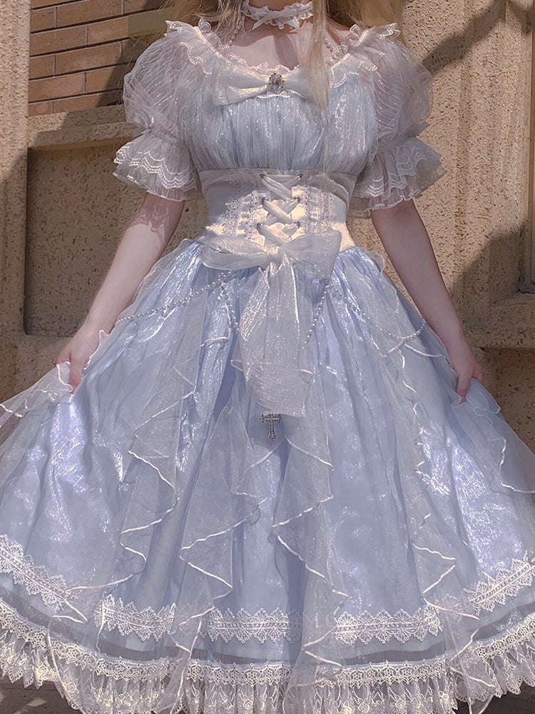 Sweet A line Blue Lace Tulle Short Sleeves 16th Birthday Dress Lolita Dresses Summer Birthday Outfits W1138