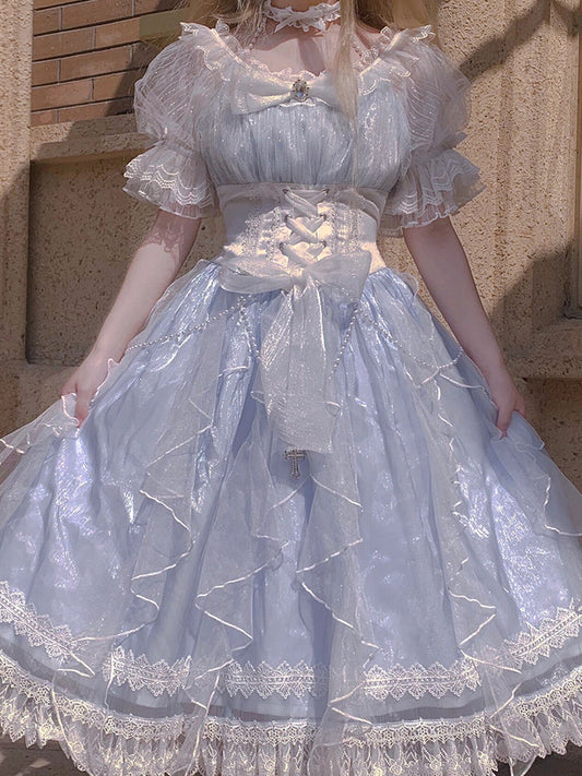 Sweet A line Blue Lace Tulle Short Sleeves 16th Birthday Dress Lolita Dresses Summer Birthday Outfits W1138