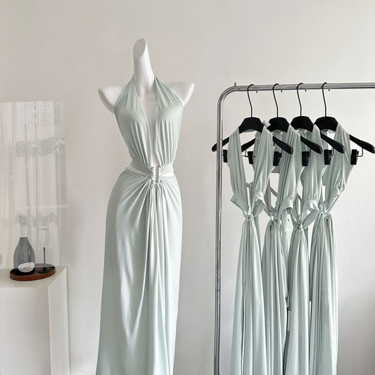 Sexy A line Halter Light Green Backless Summer Dress Holiday Party Dress Birthday Outfits For Teens DP0152