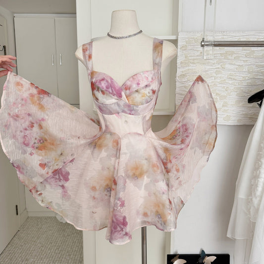 Cute A line Straps Floral Pink Short Summer Dress Holiday Party Birthday Outfits DP0138