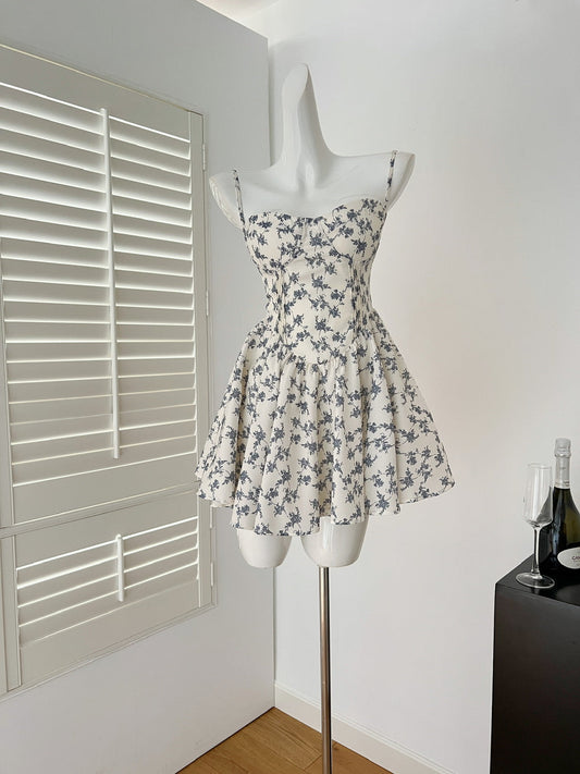 Cute A line Spaghetti Straps Blue Floral Chiffon Short Summer Dress Holiday Party Birthday Outfits DP0146