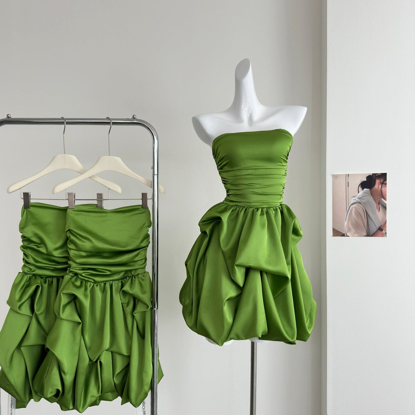 Cute A line Strapless Green Satin Short Summer Dress Holiday Party Birthday Outfits DP0145