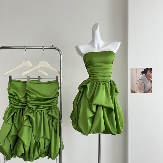 Cute A line Strapless Green Satin Short Summer Dress Holiday Party Birthday Outfits DP0145