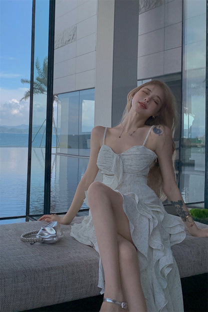 Sweet hot girl style irregular ruffled floral suspender long skirt ED0417