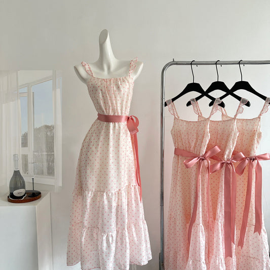 Sexy A line Square Neckline Pink Summer Polka Dots Dress Holiday Party Outfits For Women DP0110