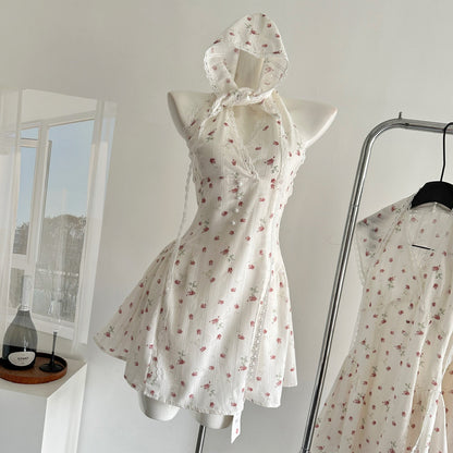 Sexy A Line Halter Neckline Floral Short Summer Dress Holiday Party Outfits For Women DP0121