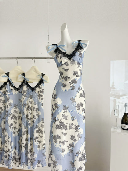 Sexy Sheath Straps Floral Blue Summer Dress Holiday Party Outfits For Women DP0112