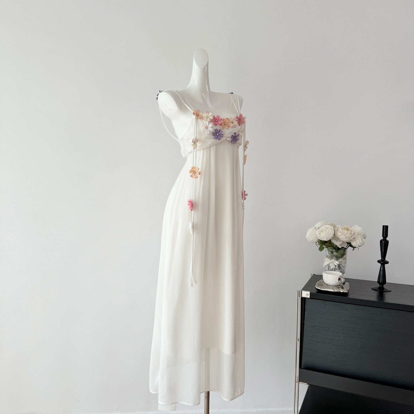 Cute A Line Spaghetti Straps Floral White Chiffon Summer Dress Holiday Party Outfits For Women DP0129