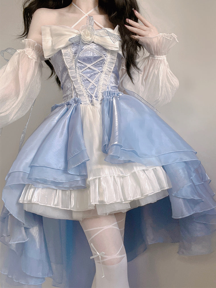 Modest Ball Gown Strapless Blue Organza Floral Holiday Lolita Dress Birthday Dresses Birthday Outfits SD1240