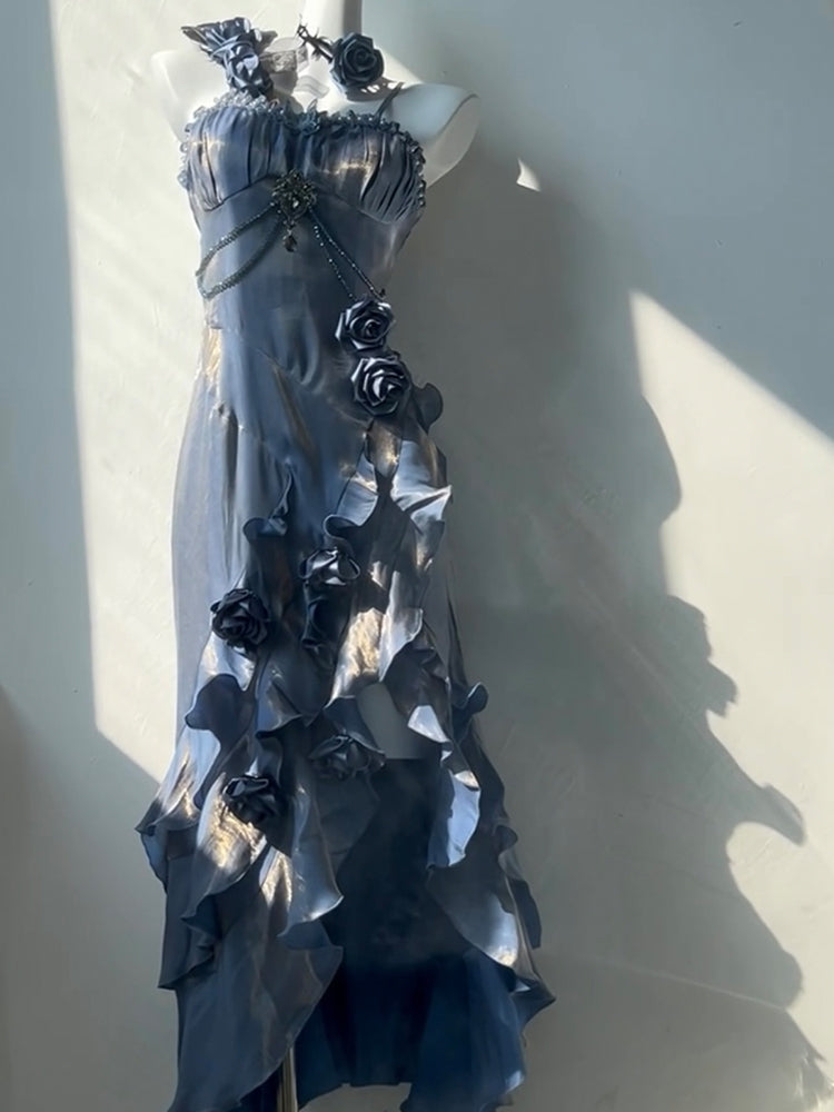 Vintage High Low Spaghetti Straps Blue 16th Birthday Dress With Sleeves Lolita Dress Satin Birthday Outfits DP0225