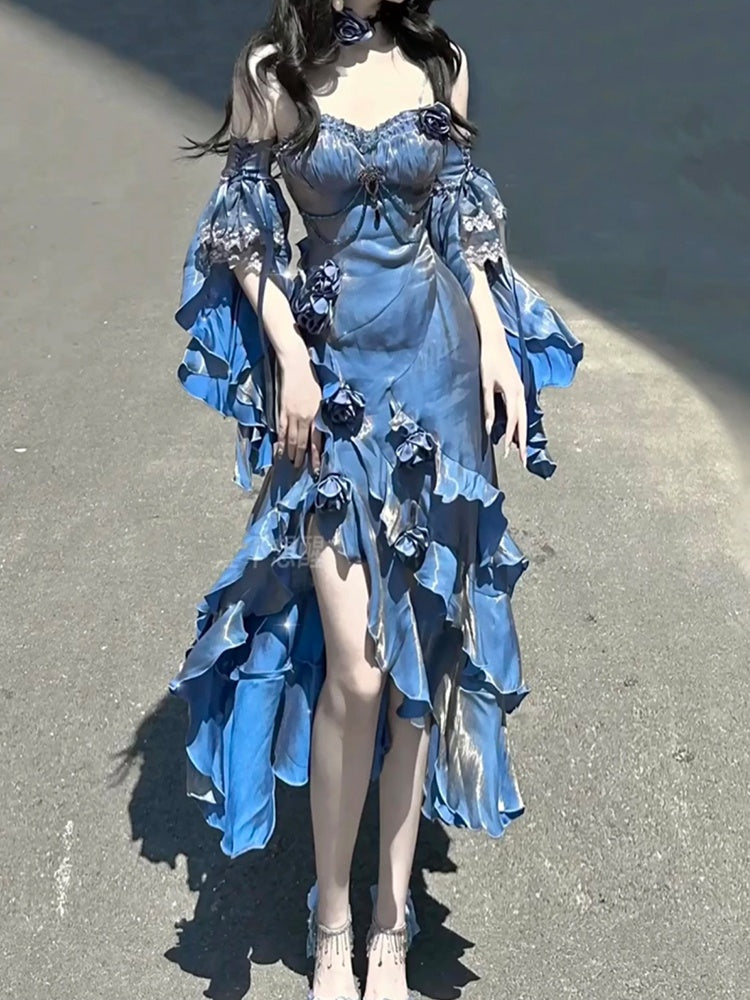 Vintage High Low Spaghetti Straps Blue 16th Birthday Dress Lolita Dress Satin Birthday Outfits DP0218