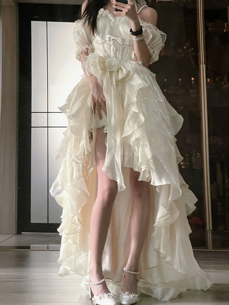 Vintage High Low Off The Shoulder Short Sleeves 16th White Birthday Dress Lolita Dress Birthday Outfits DP0221