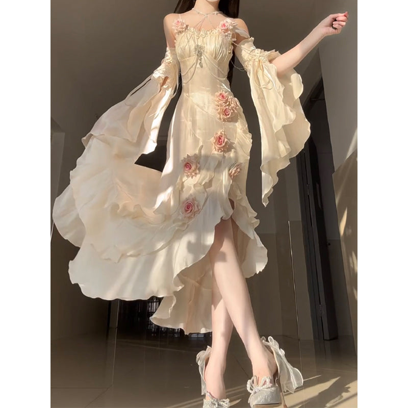 Vintage High Low Spaghetti Straps Ivory 16th Birthday Dress Lolita Dress Satin Birthday Outfits DP0227