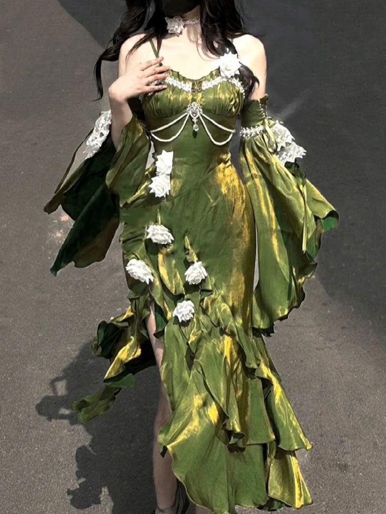 Vintage High Low Spaghetti Straps Green 16th Birthday Dress Lolita Dress Satin Birthday Outfits DP0222