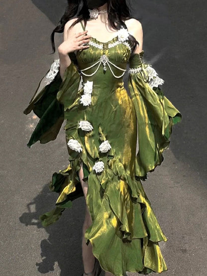 Vintage High Low Spaghetti Straps Green 16th Birthday Dress Lolita Dress Satin Birthday Outfits DP0222