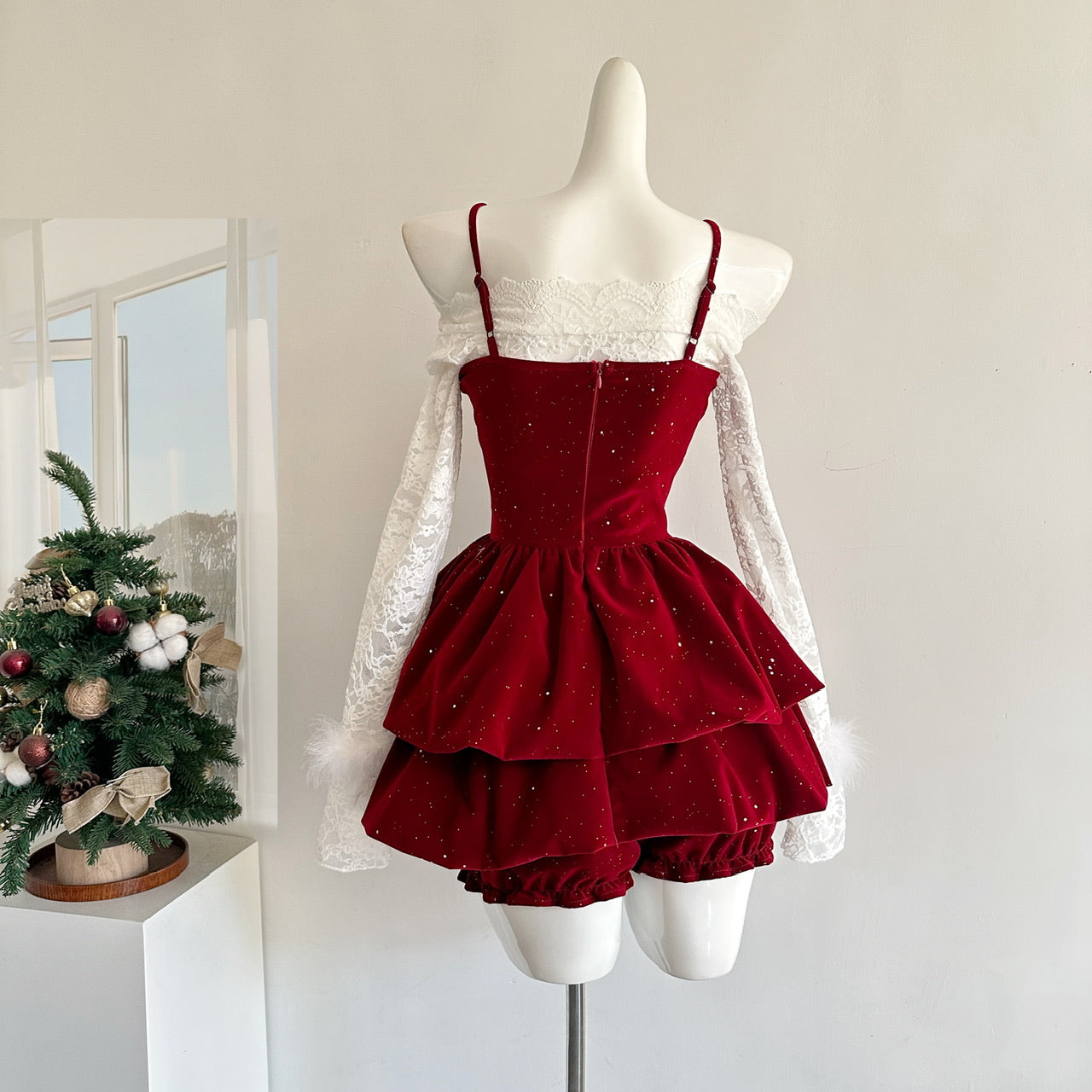 Cute Spaghetti Straps Red Ruffles Velvet Summer Dress 3 Pieces Holiday Party Outfits For Women DP0092
