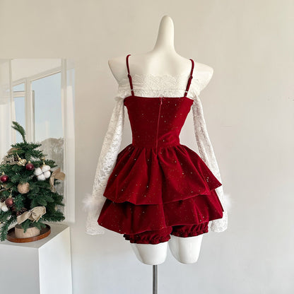 Cute Spaghetti Straps Red Ruffles Velvet Summer Dress 3 Pieces Holiday Party Outfits For Women DP0092