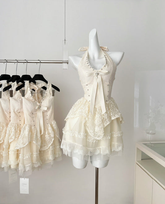 Sexy A line Halter Neckline White Lace Summer Dress Holiday Party Outfits For Women DP0107