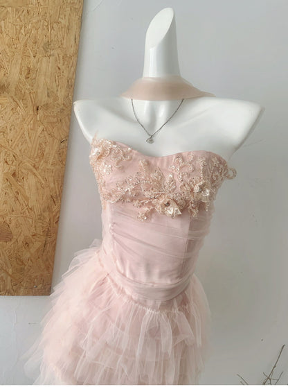 Cute Spaghetti Straps Pink Ruffles Tulle Summer Dress 2 Pieces Holiday Party Outfits For Women DP0094
