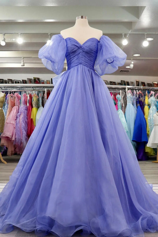 Lavender Tulle A-line Off-Shoulder Puff Sleeves Pleated Long Prom Dress     fg3408