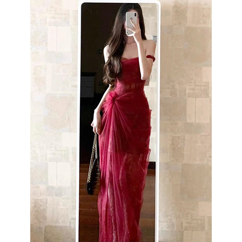 Vintage Sheath Off The Shoulder Lace Burgundy 22th Birthday Dress Party Dress Cute Evening Outfits DH2443