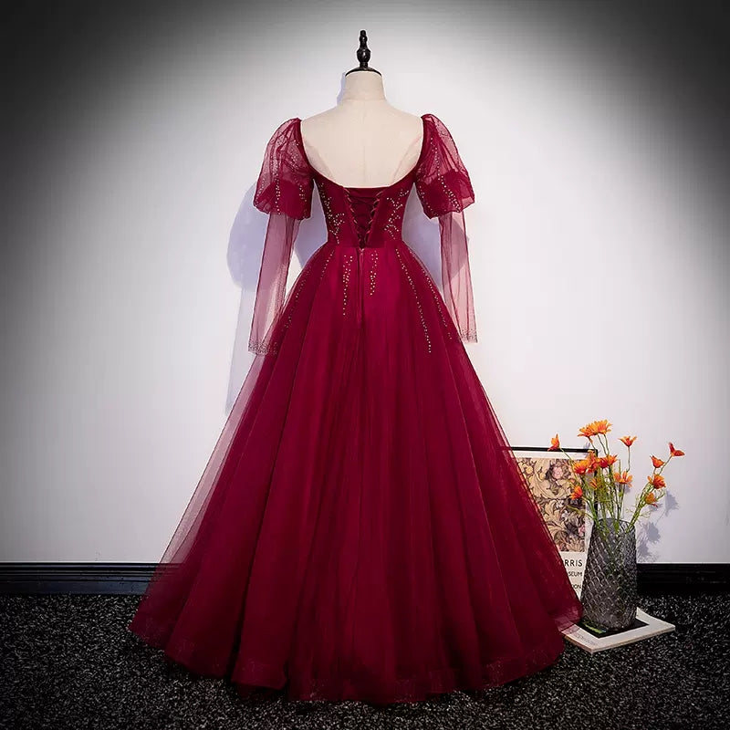 Simple A line Long Tulle Red Prom Dresses SH235
