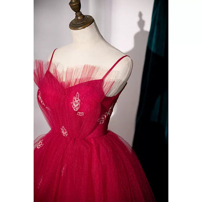 Simple A line Tulle Red Long Prom Dresses SH223