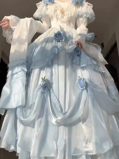 Vintage Ball Gown Off The Shoulder Short Sleeves 16th Blue Birthday Dress Lolita Summer Dress 18th Birthday Outfits W1134