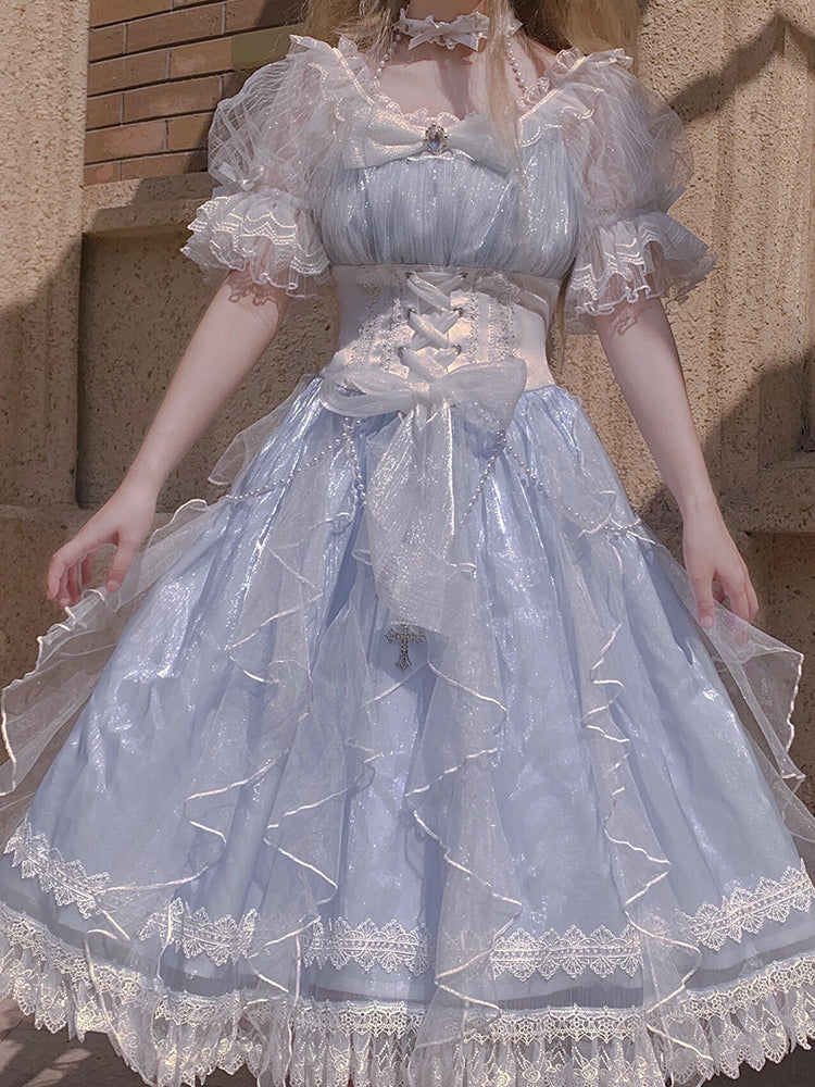 Sweet A line Blue Lace Tulle Short Sleeves 16th Birthday Dress Lolita Dresses Summer Birthday Outfits W1138