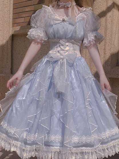 Sweet A line Blue Lace Tulle Short Sleeves 16th Birthday Dress Lolita Dresses Summer Birthday Outfits W1138