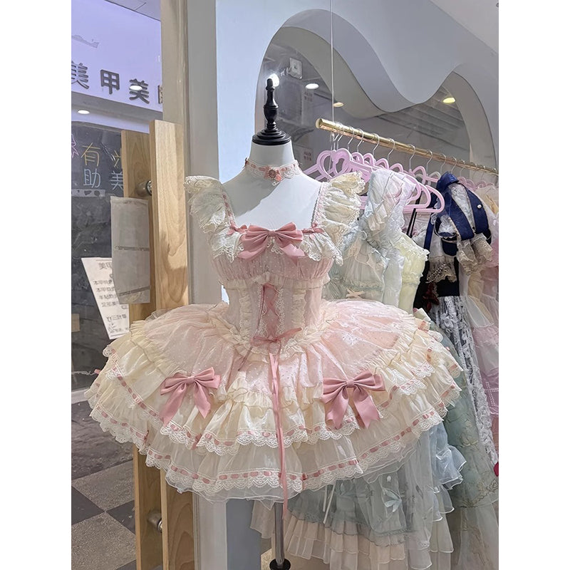 Sweet Ball Gown Square Neck Pink Lace Short 16th Birthday Dress Lolita Dress Birthday Outfits W1207