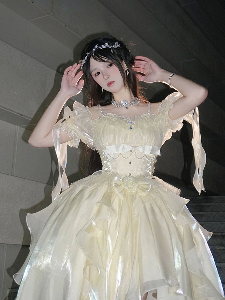 Princess Ball Gown Off The Shoulder Short Sleeves Ivory Floral 16th Chiffon Birthday Dress Lolita Dress 18th Birthday Outfits W1218