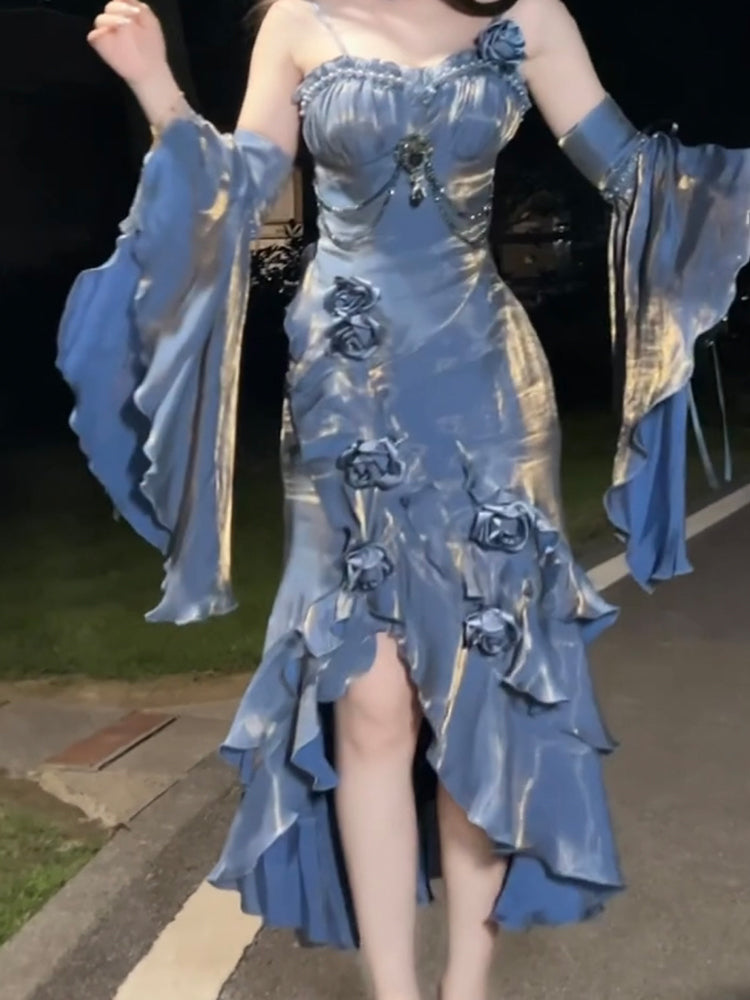 Vintage Mermaid Spaghetti Straps Blue Long Summer 18th Birthday Dress Lolita Dresses Birthday Outfits W1225