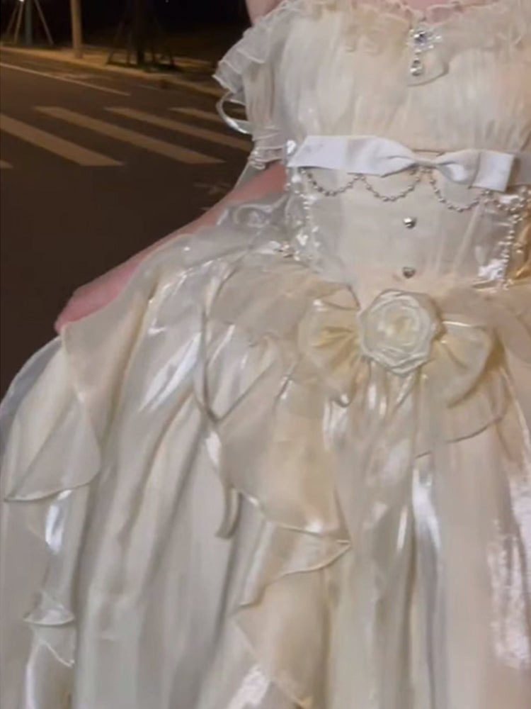 Princess High Low Off The Shoulder Short Sleeves Ivory Floral 16th Chiffon Birthday Dress Lolita Dress 18th Birthday Outfits W1220