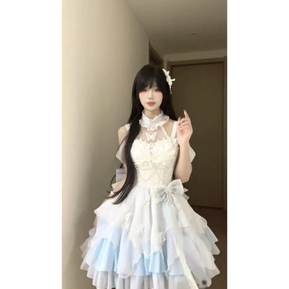 Vintage Ball Gown High Neck Light Sky Blue Chiffon Short Summer 18th Birthday Dress Lolita Dress Birthday Outfits W1208