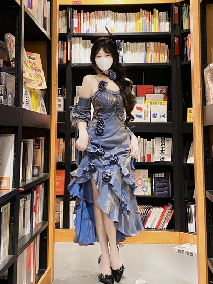 Vintage Mermaid Spaghetti Straps Blue Long Summer 18th Birthday Dress Lolita Dresses Birthday Outfits W1216