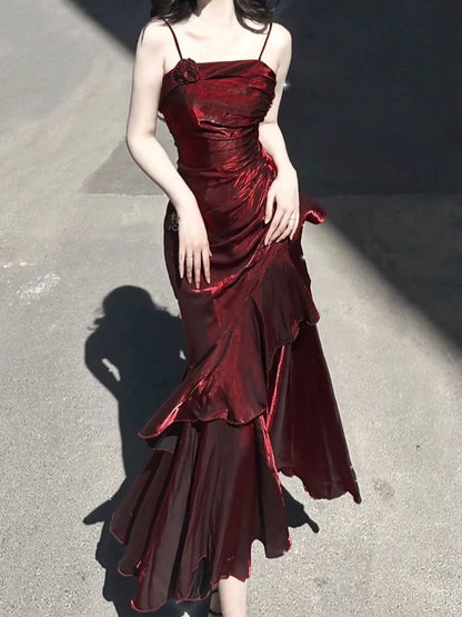 Vintage Mermaid Spaghetti Straps Burgundy Long Summer 18th Birthday Dress Lolita Dresses Birthday Outfits W1217