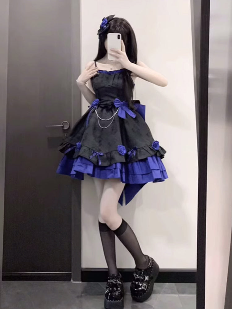 Retro Ball Gown Straps Short Royal Blue Mini Floral 16th Birthday Dress Lolita Dress 18th Birthday Outfits W1211