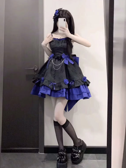 Retro Ball Gown Straps Short Royal Blue Mini Floral 16th Birthday Dress Lolita Dress 18th Birthday Outfits W1211