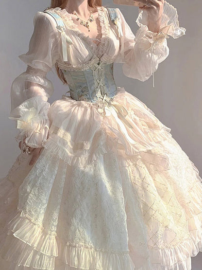 Retro Ball Gown V Neck Long Sleeves White Rose Floral 16th Chiffon Birthday Dress Lolita Dress 18th Birthday Outfits W1213