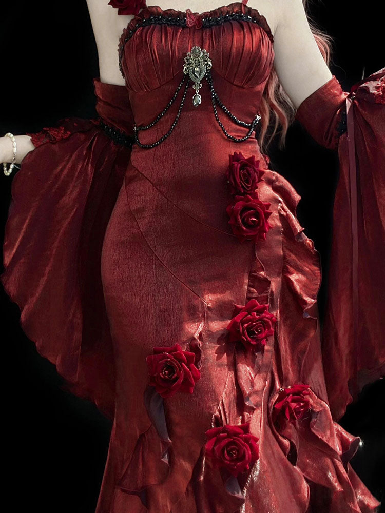 Vintage Mermaid Spaghetti Straps Burgundy Summer 18th Wine Red With Sleeves Birthday Dress Lolita Dress Birthday Outfits W1203