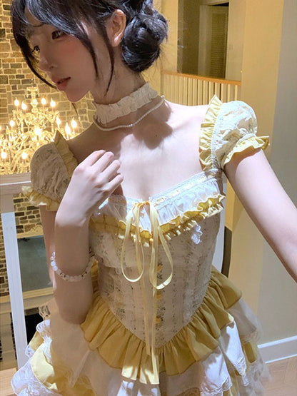 Sweet Ball Gown Square Neck Yellow Lace Short 16th Birthday Dress Lolita Dress Birthday Outfits W1214