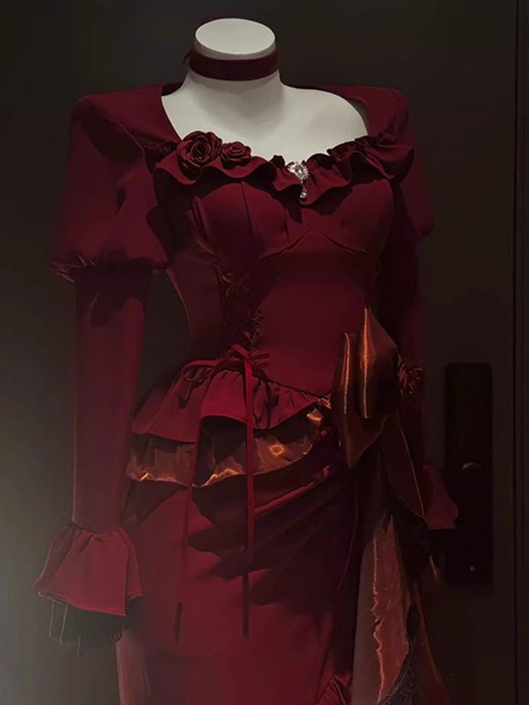 Vintage Mermaid Sweetheart Long Sleeves Burgundy Black Lace Summer 18th Birthday Dress Lolita Dress Birthday Outfits W1215