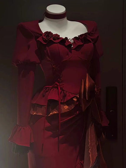 Vintage Mermaid Sweetheart Long Sleeves Burgundy Black Lace Summer 18th Birthday Dress Lolita Dress Birthday Outfits W1215