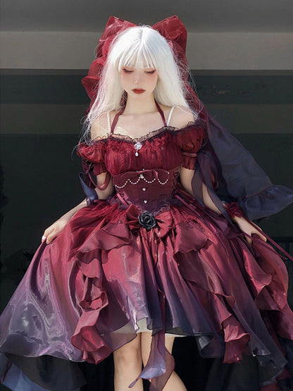 Beautiful High Low Off The Shoulder Short Sleeves Ombre Burgundy Floral 16th Chiffon Birthday Dress Lolita Dress 18th Birthday Outfits W1222